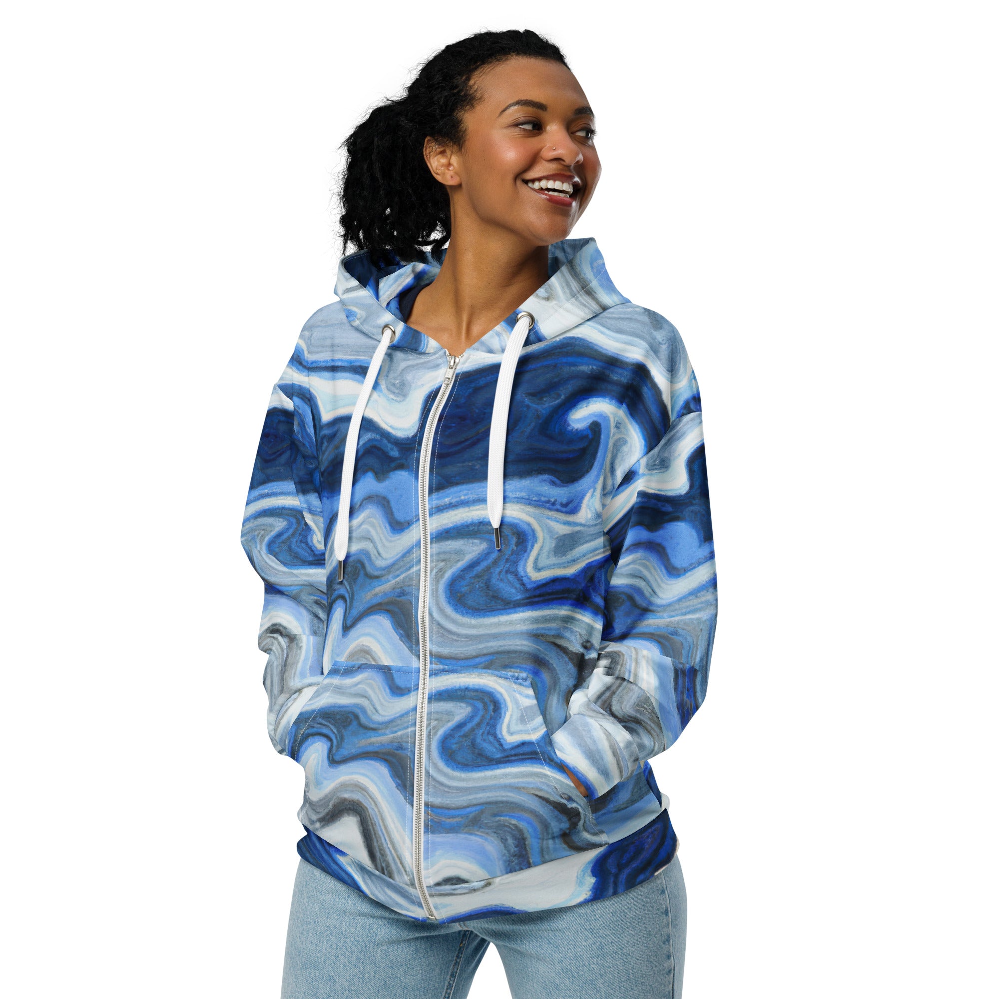 Womens Graphic Zip Hoodie in Blue Grey Marble Print featuring a soft fabric and stylish design.