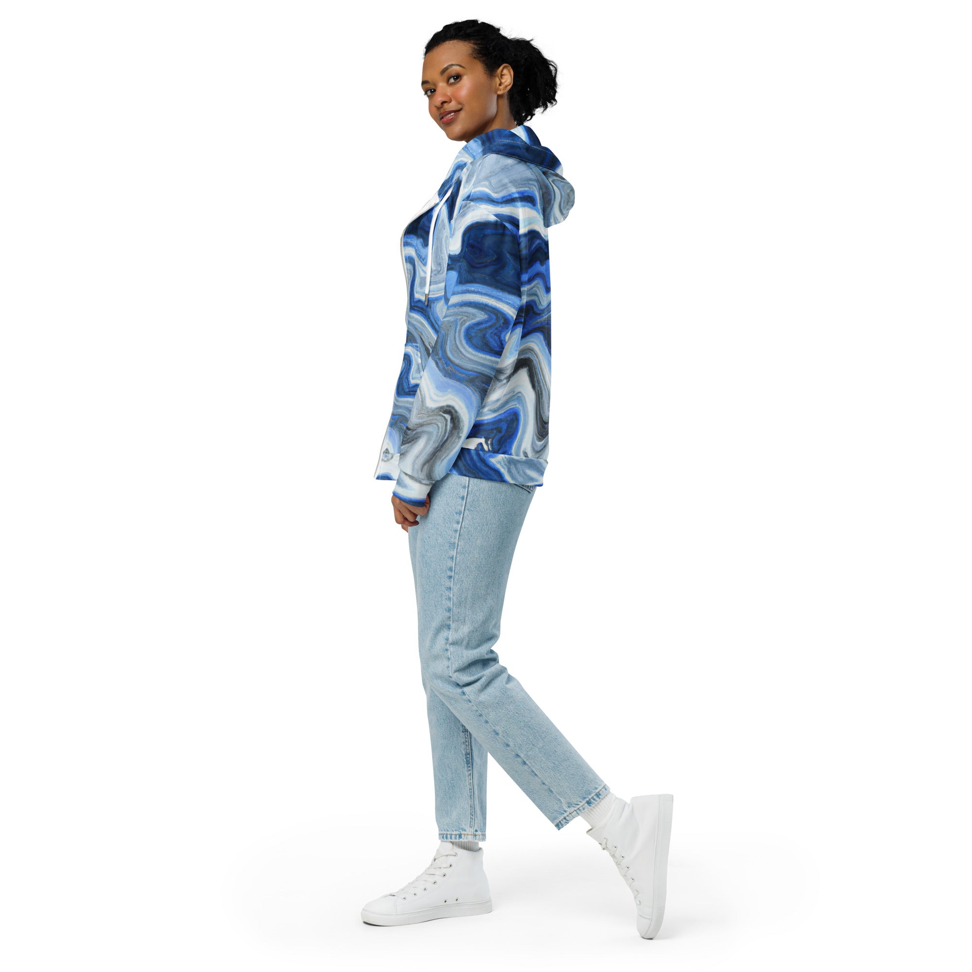 Womens Graphic Zip Hoodie in Blue Grey Marble Print featuring a soft fabric and stylish design.