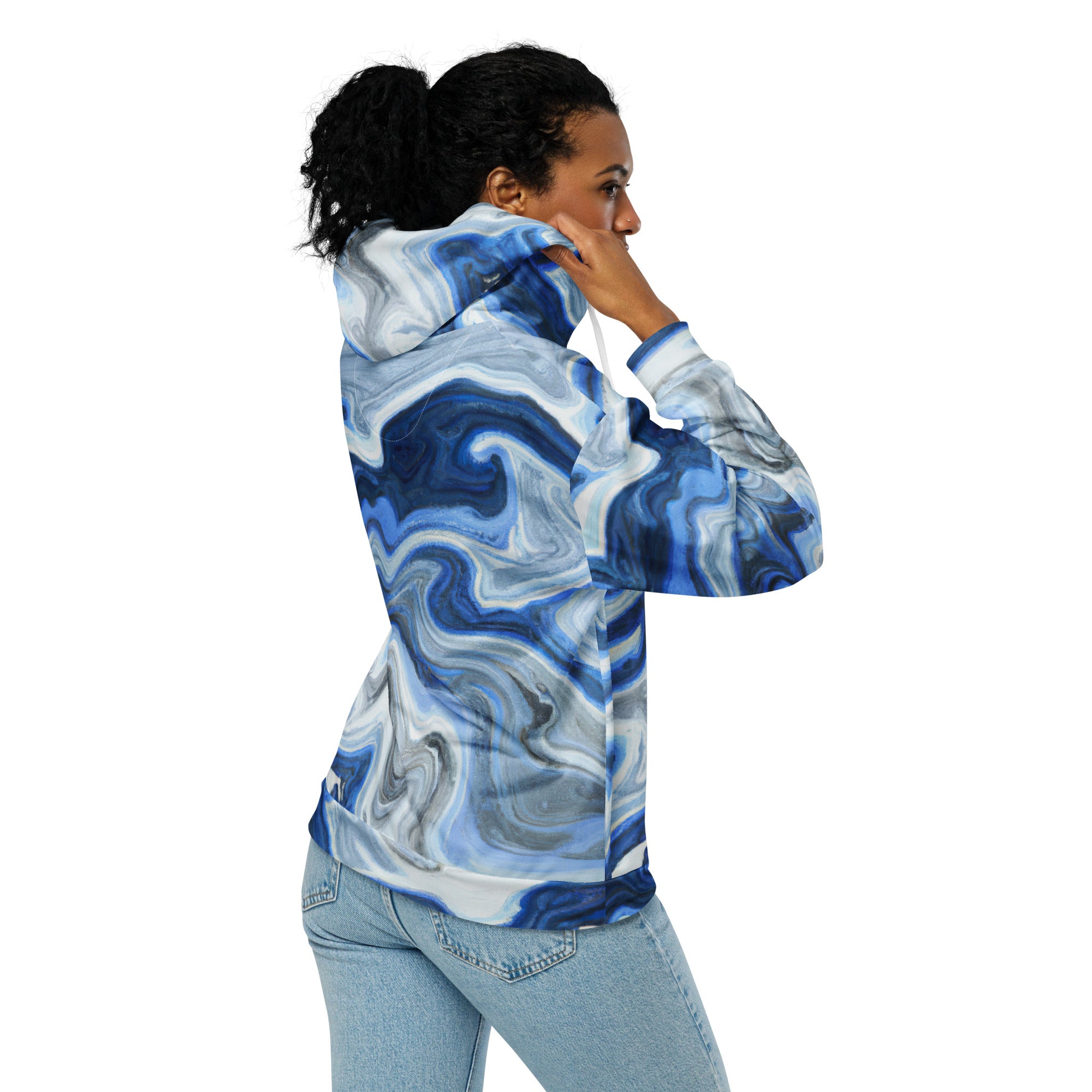 Womens Graphic Zip Hoodie in Blue Grey Marble Print featuring a soft fabric and stylish design.