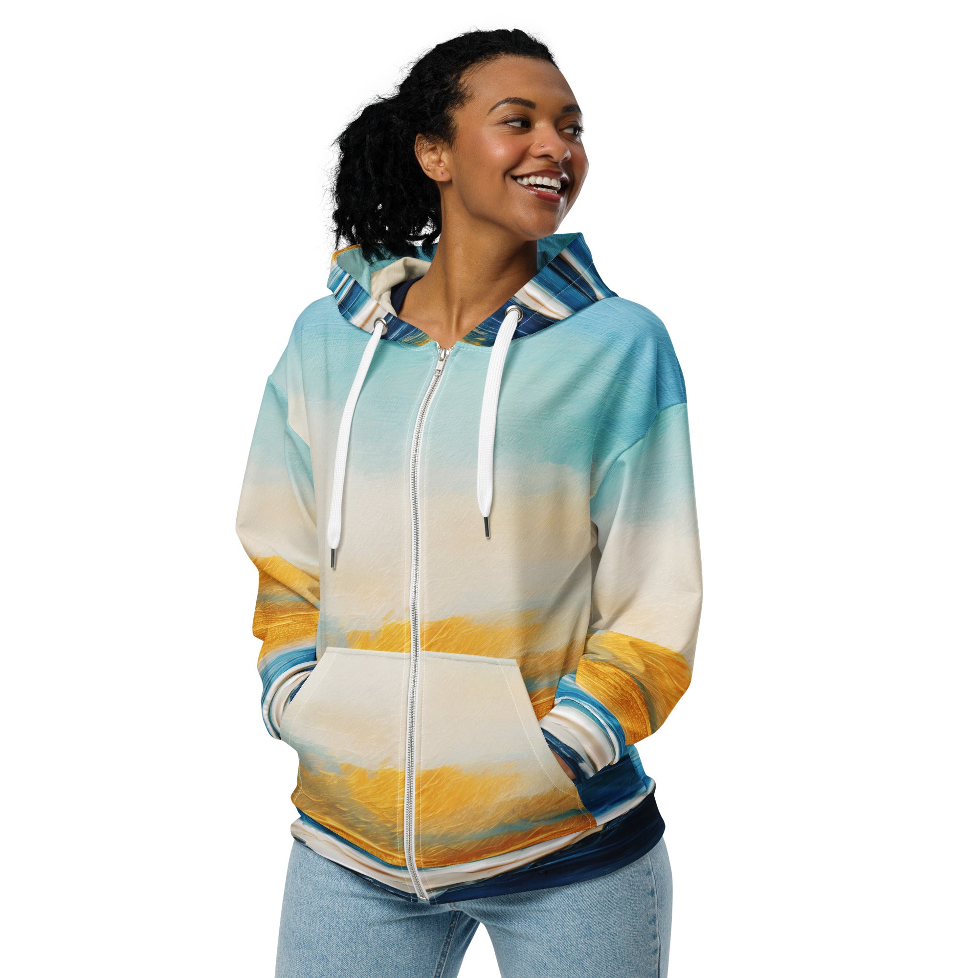 Womens Graphic Zip Hoodie featuring Blue Ocean Golden Sunset Print, showcasing a relaxed fit and double-lined hood.