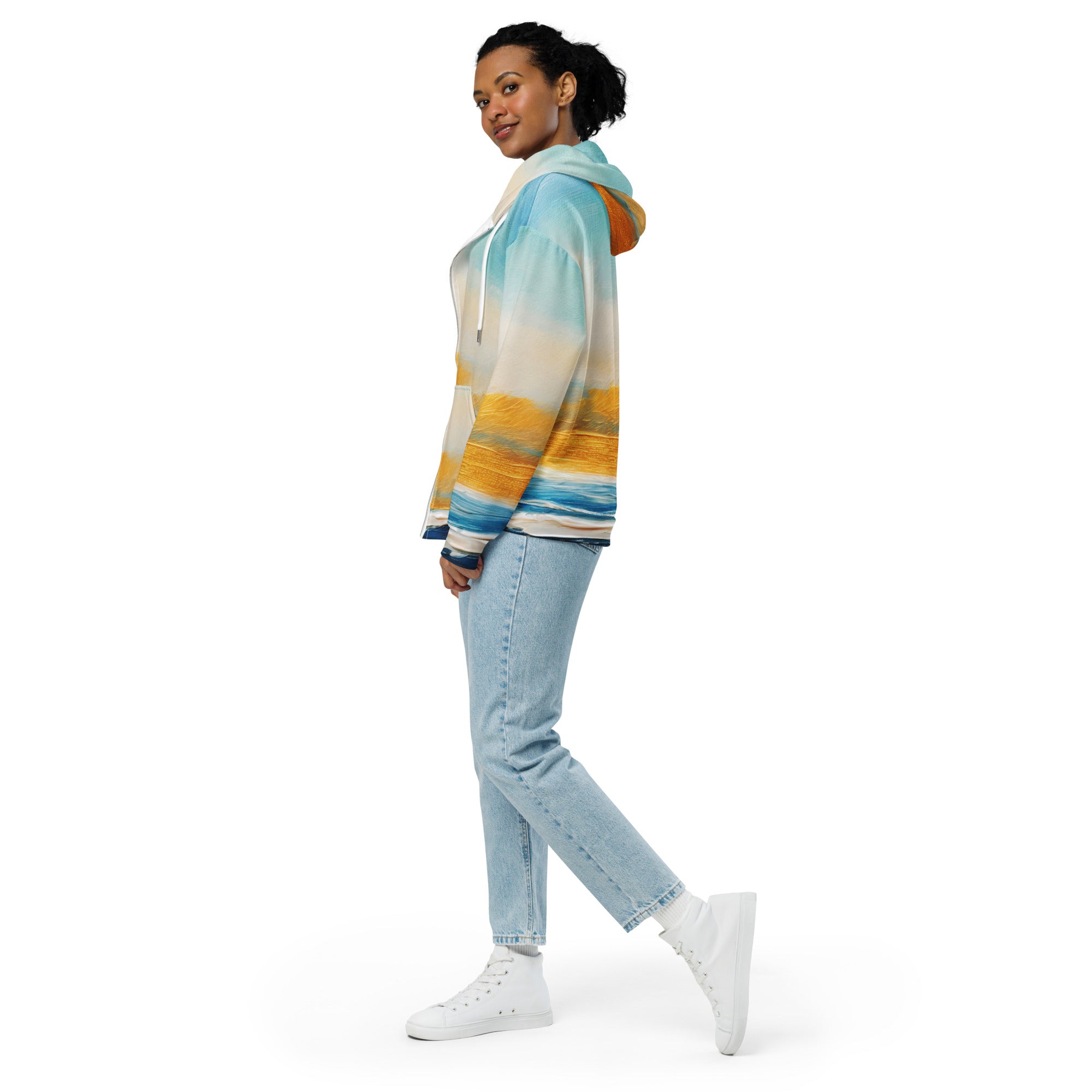 Womens Graphic Zip Hoodie featuring Blue Ocean Golden Sunset Print, showcasing a relaxed fit and double-lined hood.