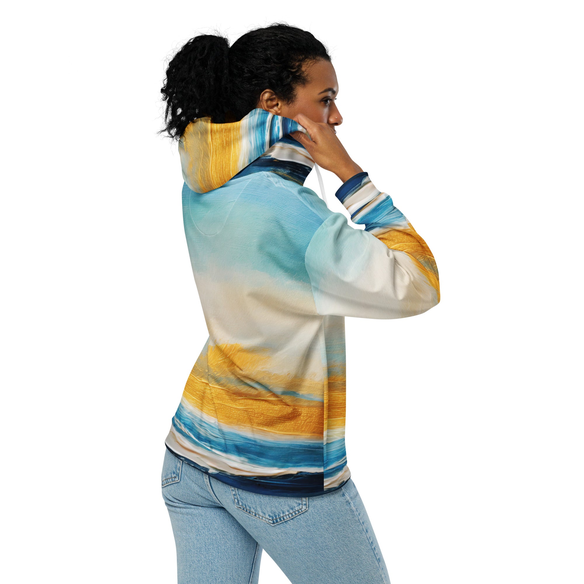 Womens Graphic Zip Hoodie featuring Blue Ocean Golden Sunset Print, showcasing a relaxed fit and double-lined hood.