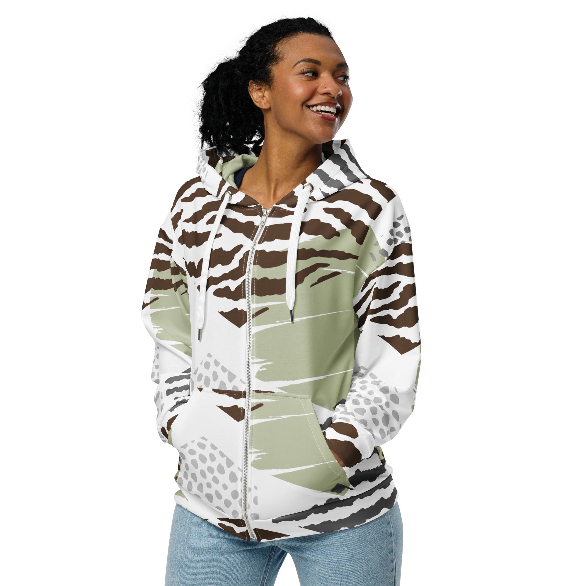 Womens Graphic Zip Hoodie featuring a brown, green, and grey geometric hexagon print, showcasing its soft fabric and relaxed fit.