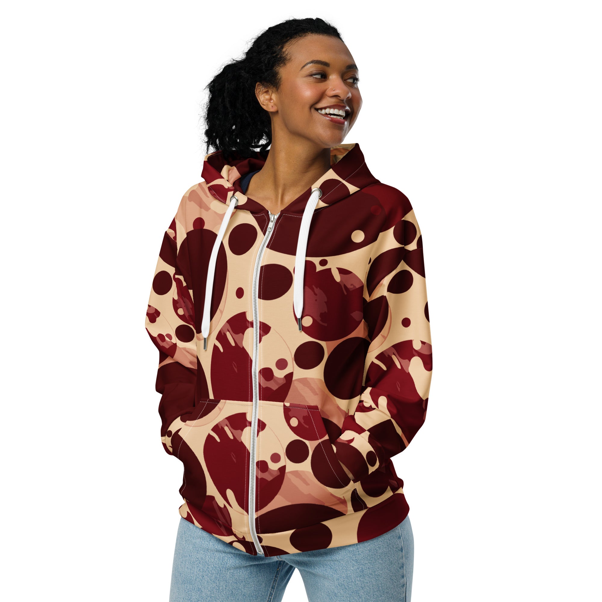 Women's Graphic Zip Hoodie in burgundy and beige with circular print, featuring a zip closure and a cozy hood.