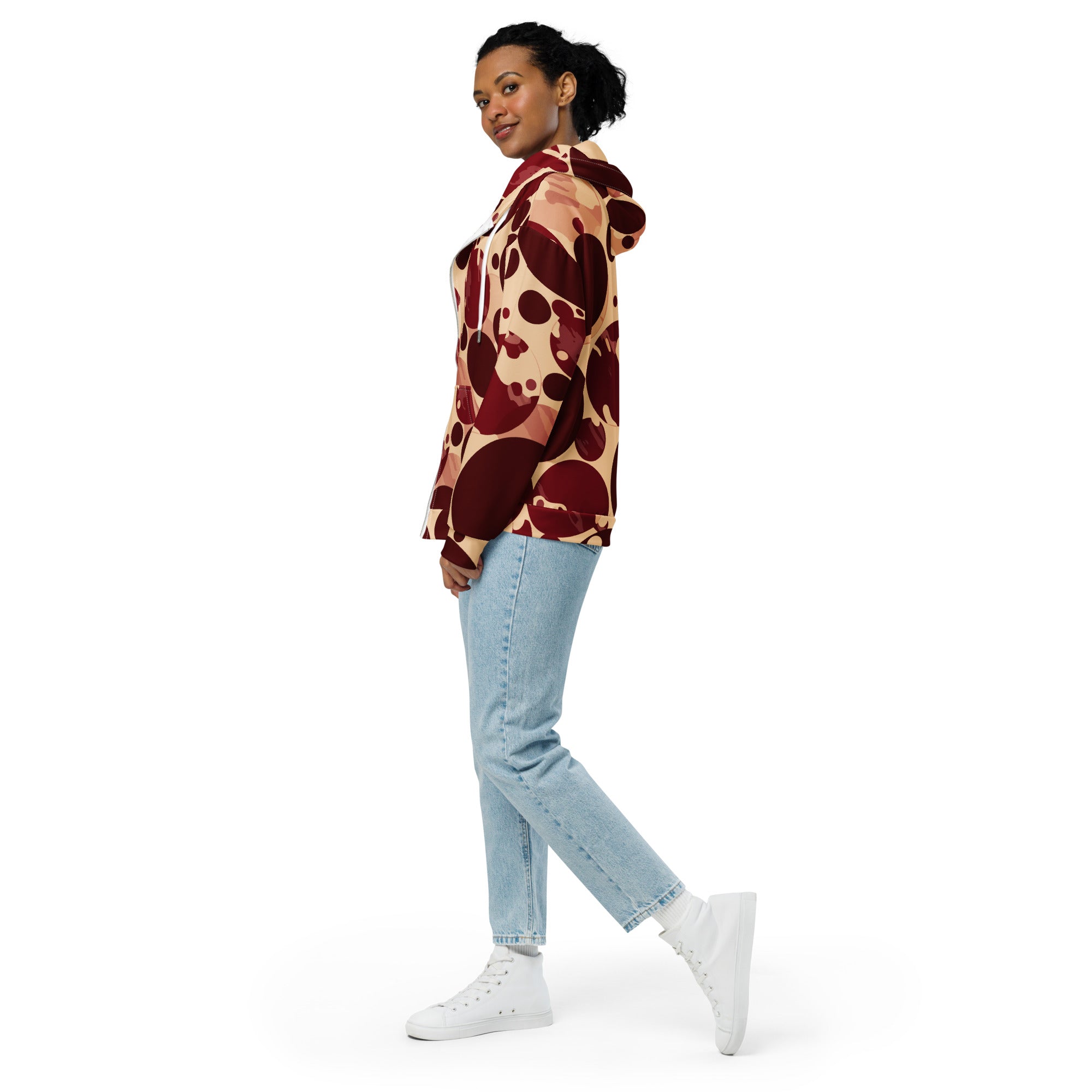 Women's Graphic Zip Hoodie in burgundy and beige with circular print, featuring a zip closure and a cozy hood.