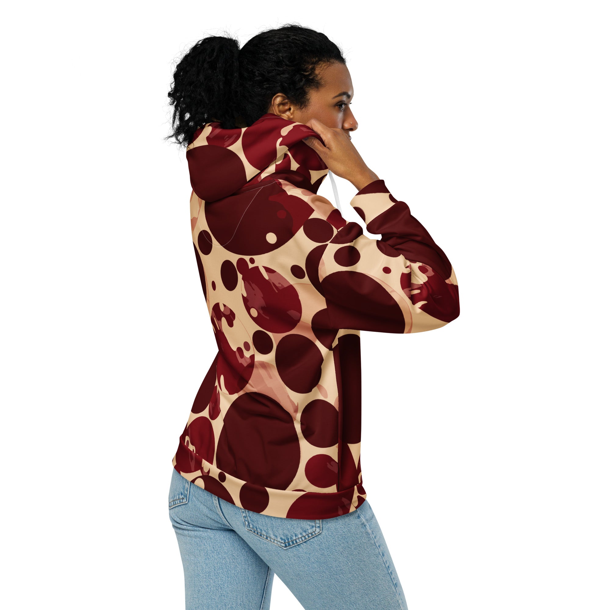 Women's Graphic Zip Hoodie in burgundy and beige with circular print, featuring a zip closure and a cozy hood.