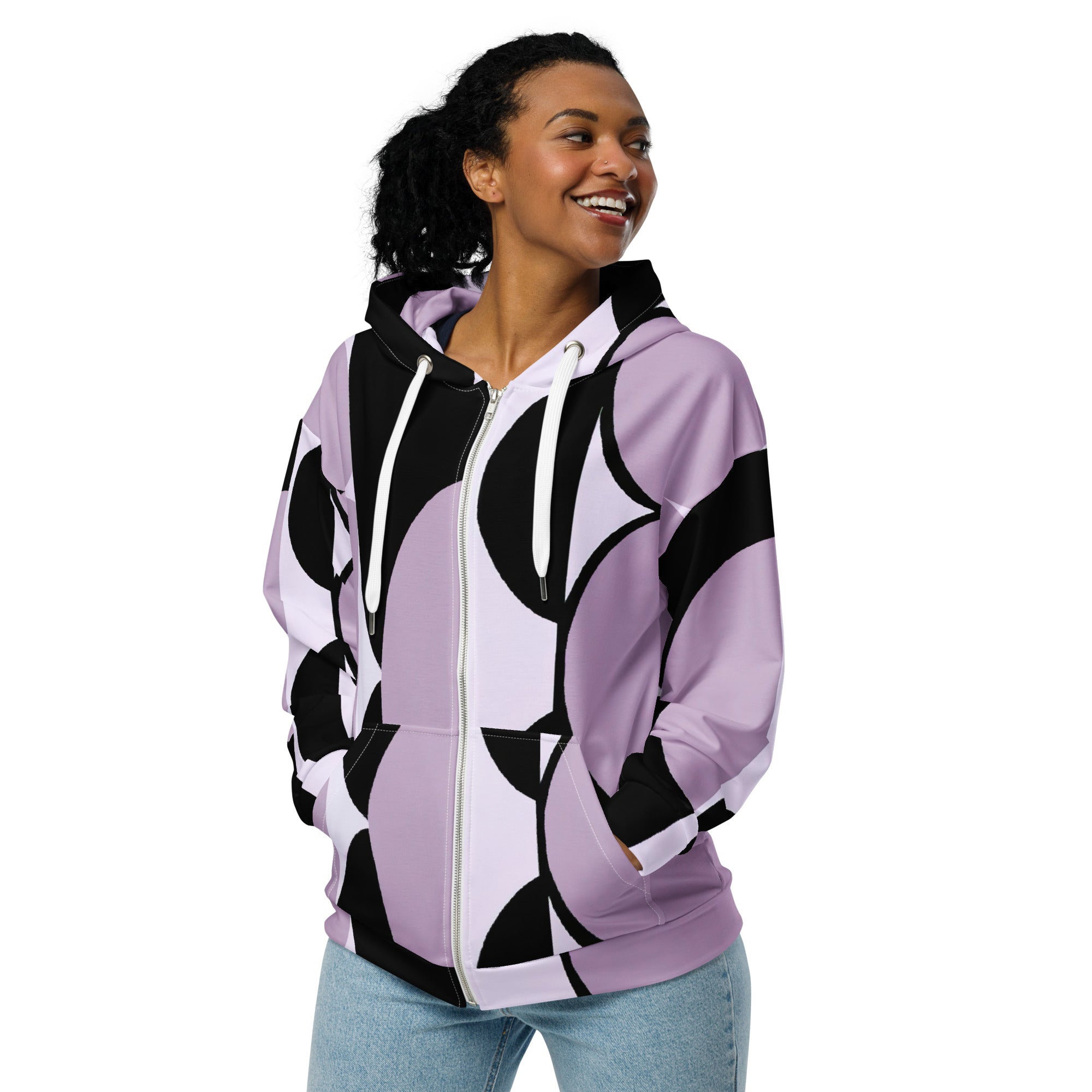 Womens Graphic Zip Hoodie featuring a geometric lavender and black pattern, showcasing a relaxed fit with a double-lined hood and stylish details.