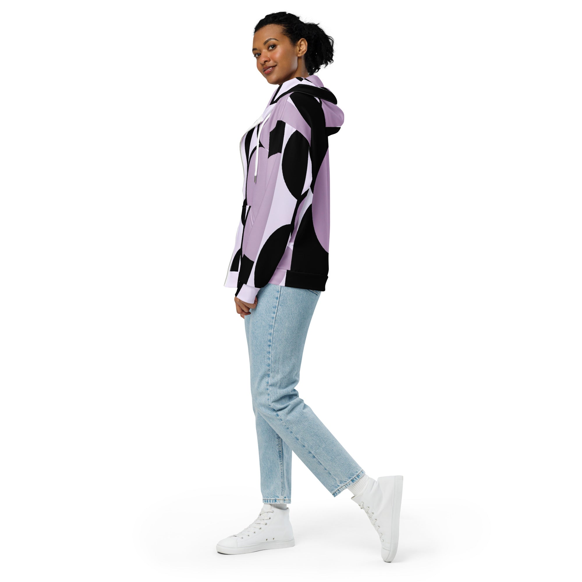 Womens Graphic Zip Hoodie featuring a geometric lavender and black pattern, showcasing a relaxed fit with a double-lined hood and stylish details.