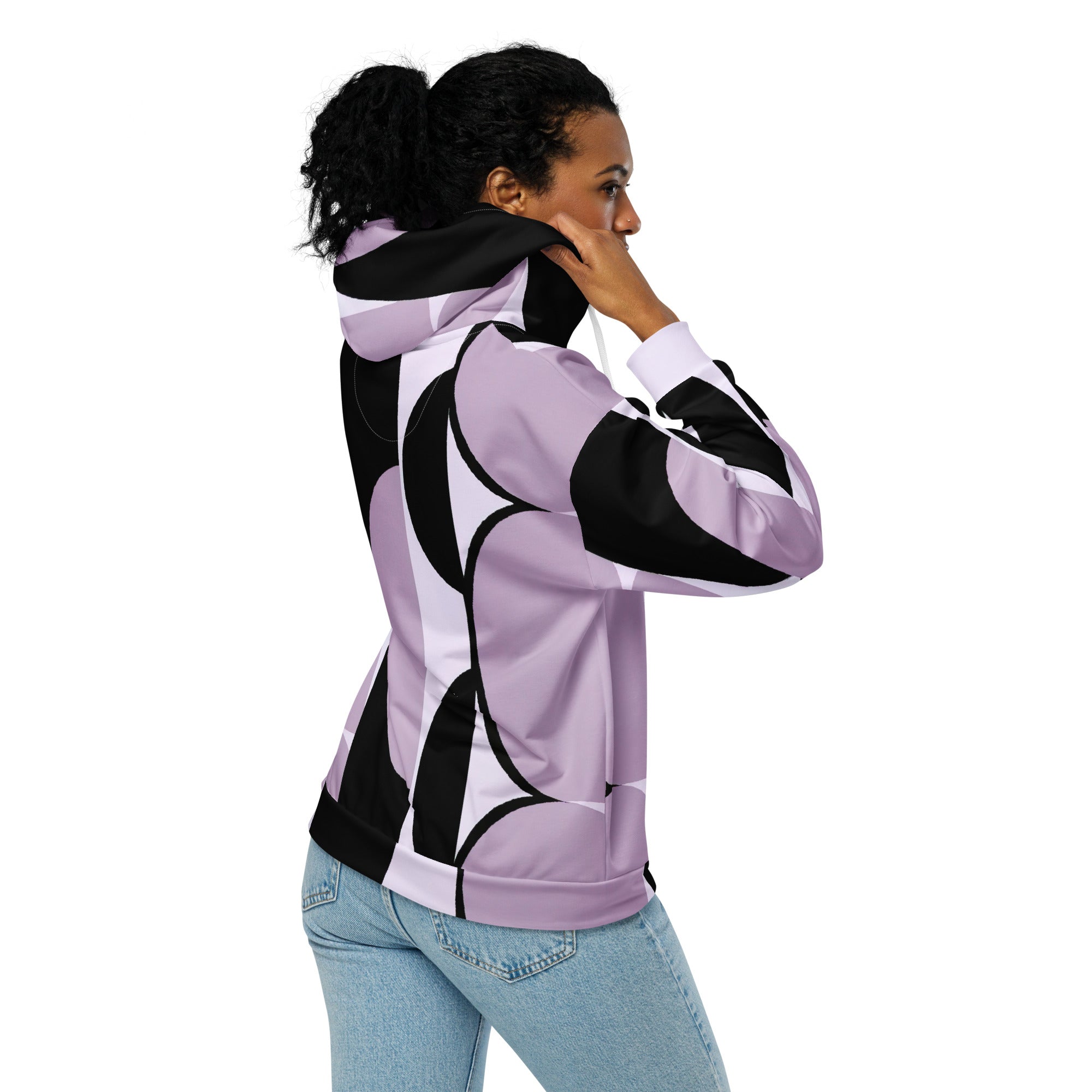 Womens Graphic Zip Hoodie featuring a geometric lavender and black pattern, showcasing a relaxed fit with a double-lined hood and stylish details.