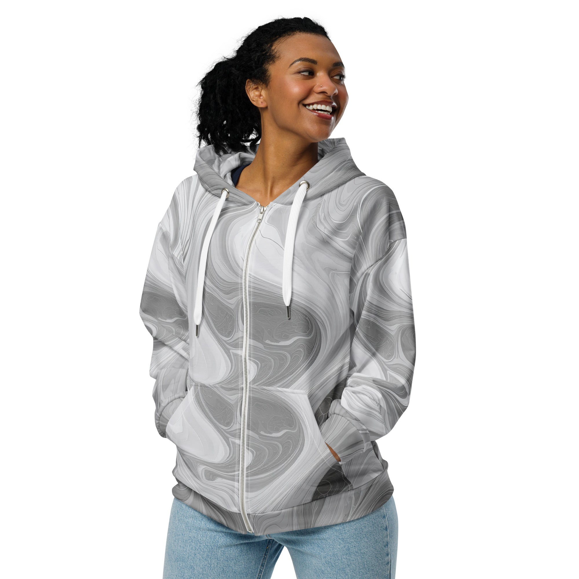 Womens Graphic Zip Hoodie in Grey and White Boho Marble Print, featuring a relaxed fit and stylish design.