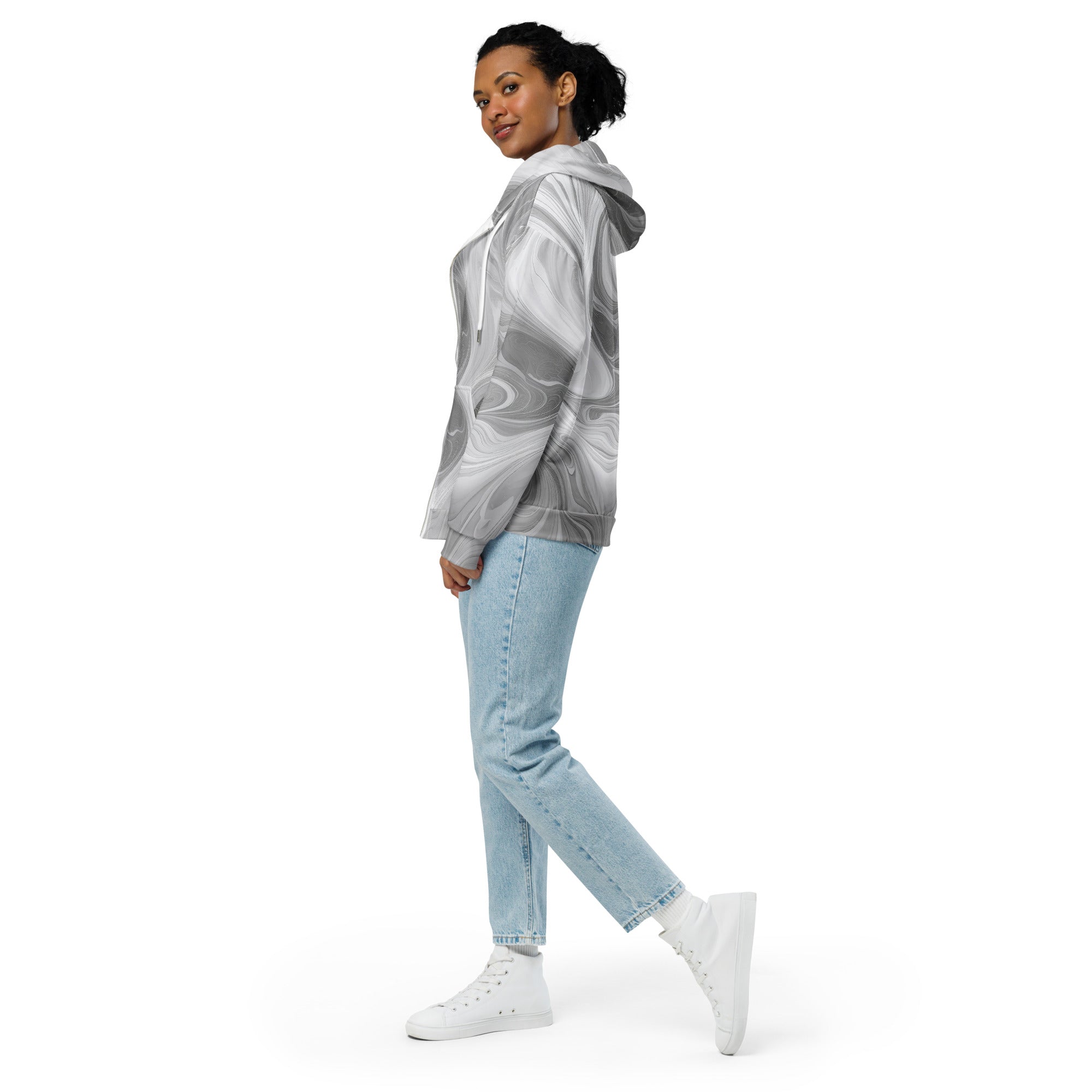 Womens Graphic Zip Hoodie in Grey and White Boho Marble Print, featuring a relaxed fit and stylish design.