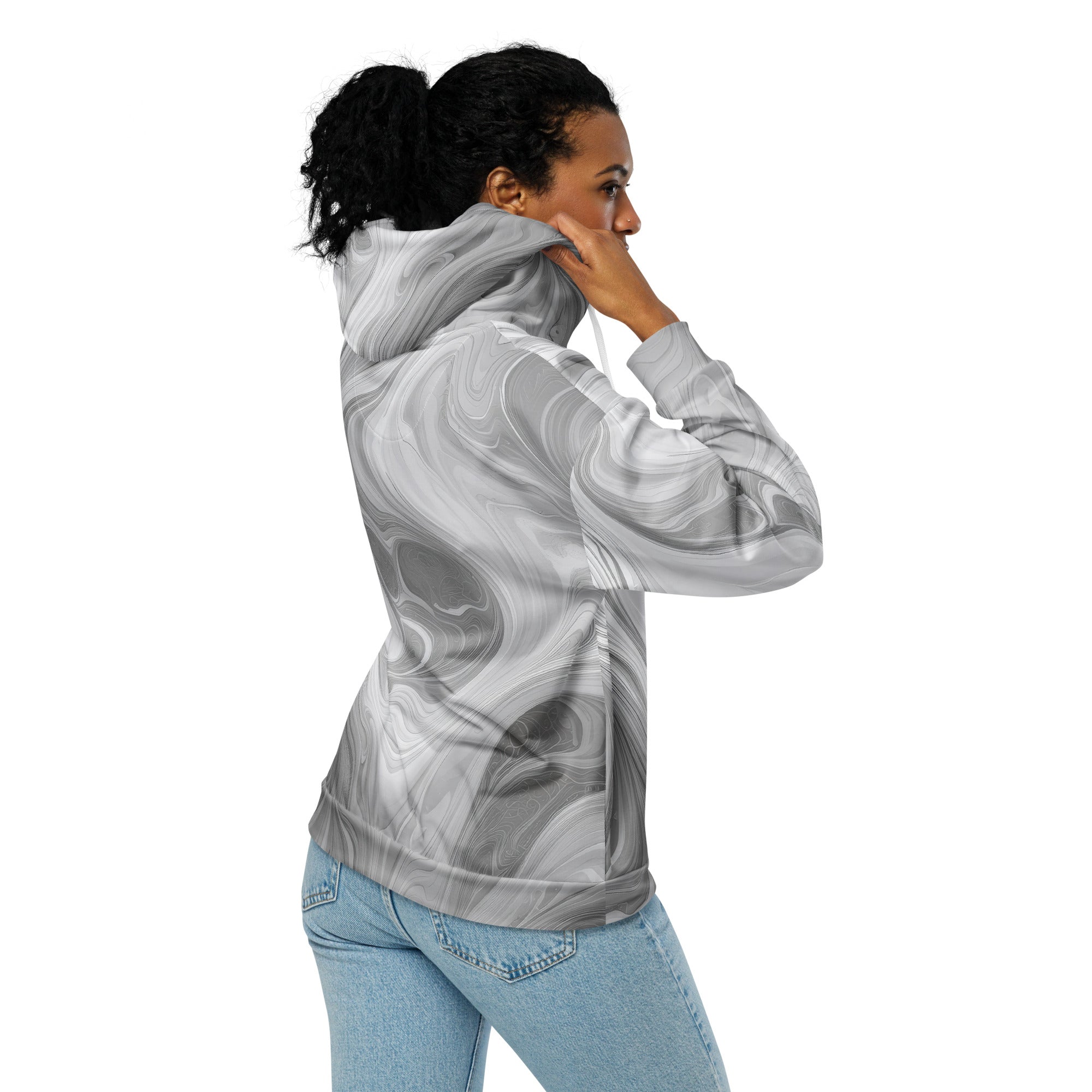 Womens Graphic Zip Hoodie in Grey and White Boho Marble Print, featuring a relaxed fit and stylish design.