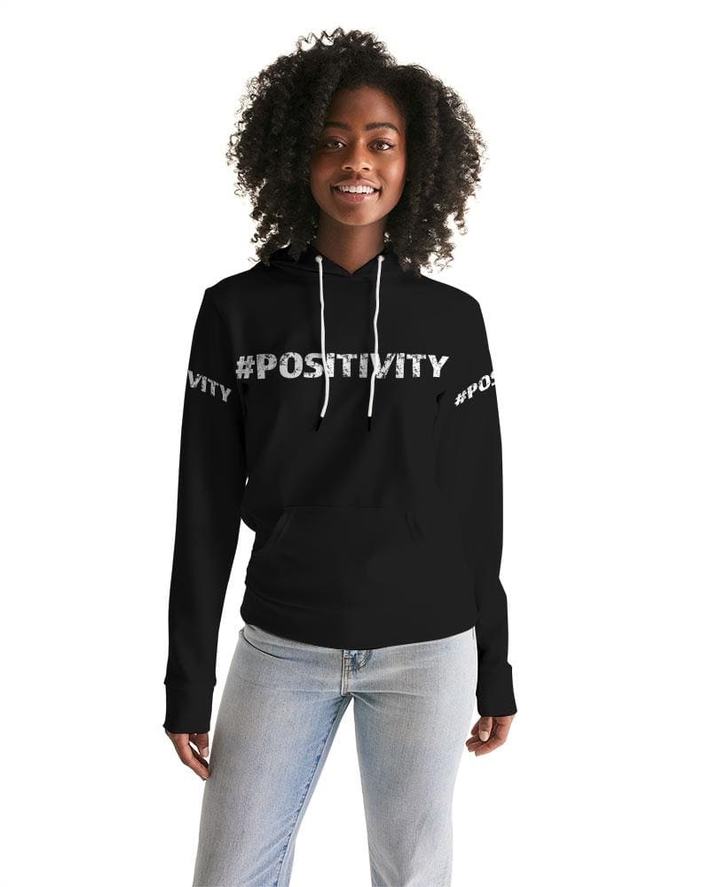 A stylish women's pullover hoodie featuring a graphic design promoting positivity, made from premium fabric with a drawstring hood and front pocket.