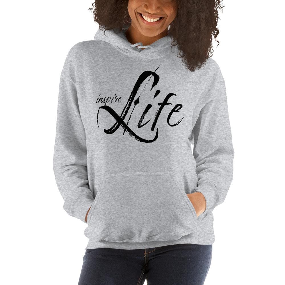 Women's black pullover hoodie with graphic design, featuring a double-lined hood and front pouch pocket.