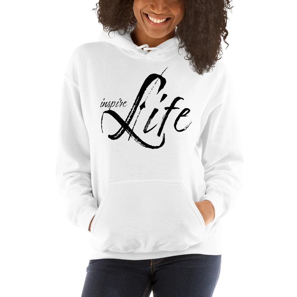 Women's black pullover hoodie with graphic design, featuring a double-lined hood and front pouch pocket.