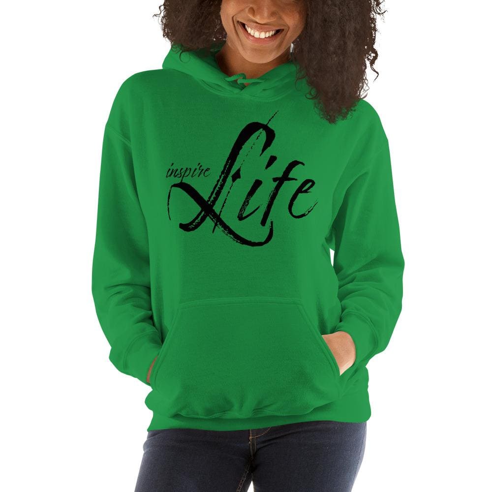 Women's black pullover hoodie with graphic design, featuring a double-lined hood and front pouch pocket.