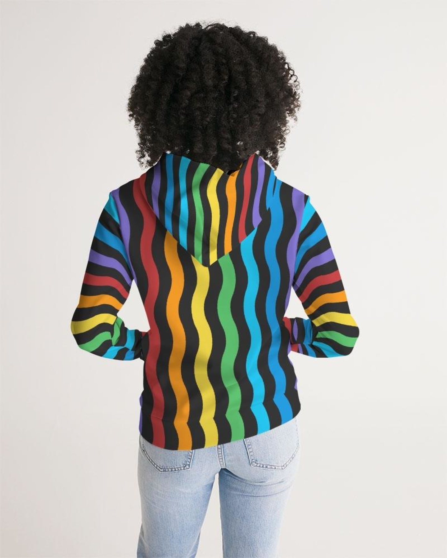 Women's pullover hoodie featuring a colorful graphic rainbow stripe design, adjustable drawstring hood, and front hand pocket.