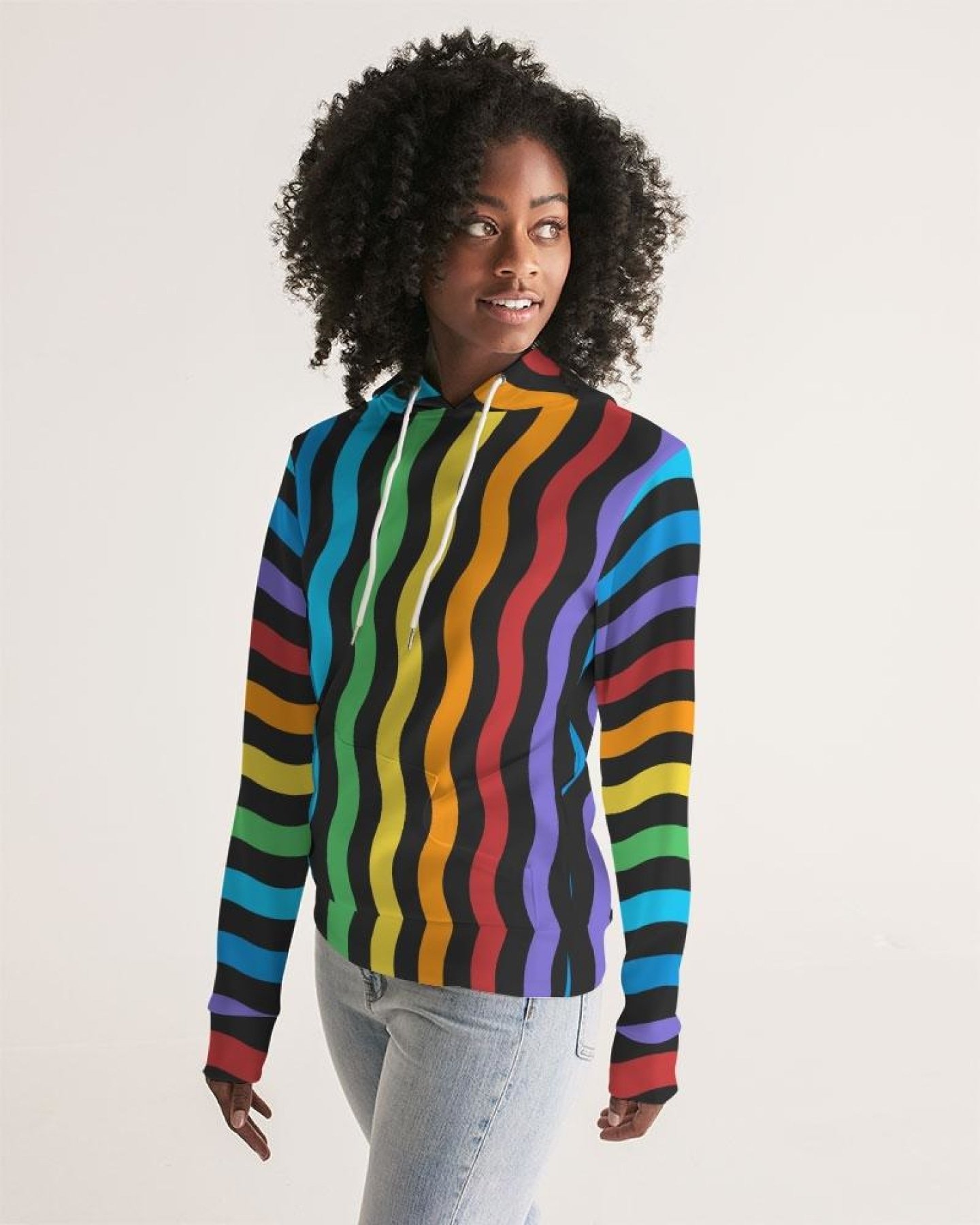 Women's pullover hoodie featuring a colorful graphic rainbow stripe design, adjustable drawstring hood, and front hand pocket.