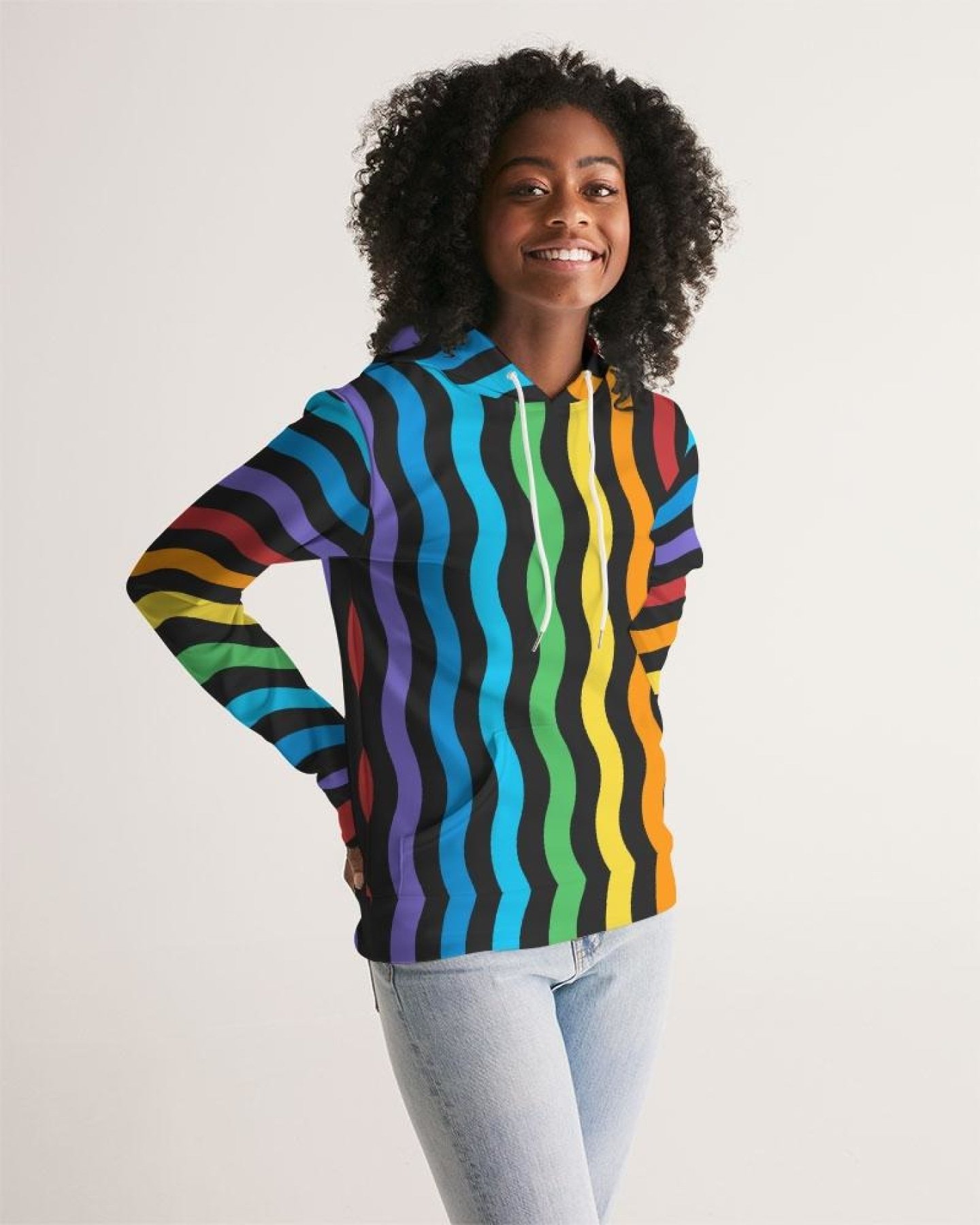 Women's pullover hoodie featuring a colorful graphic rainbow stripe design, adjustable drawstring hood, and front hand pocket.