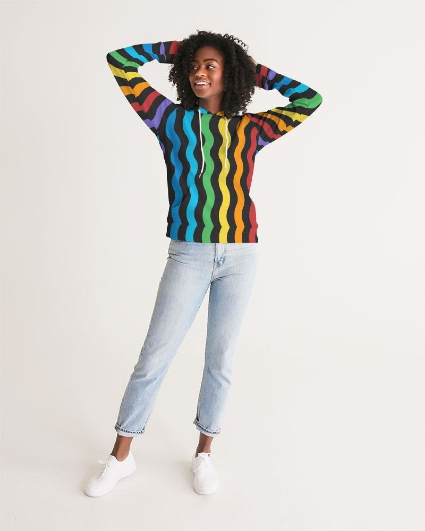 Women's pullover hoodie featuring a colorful graphic rainbow stripe design, adjustable drawstring hood, and front hand pocket.