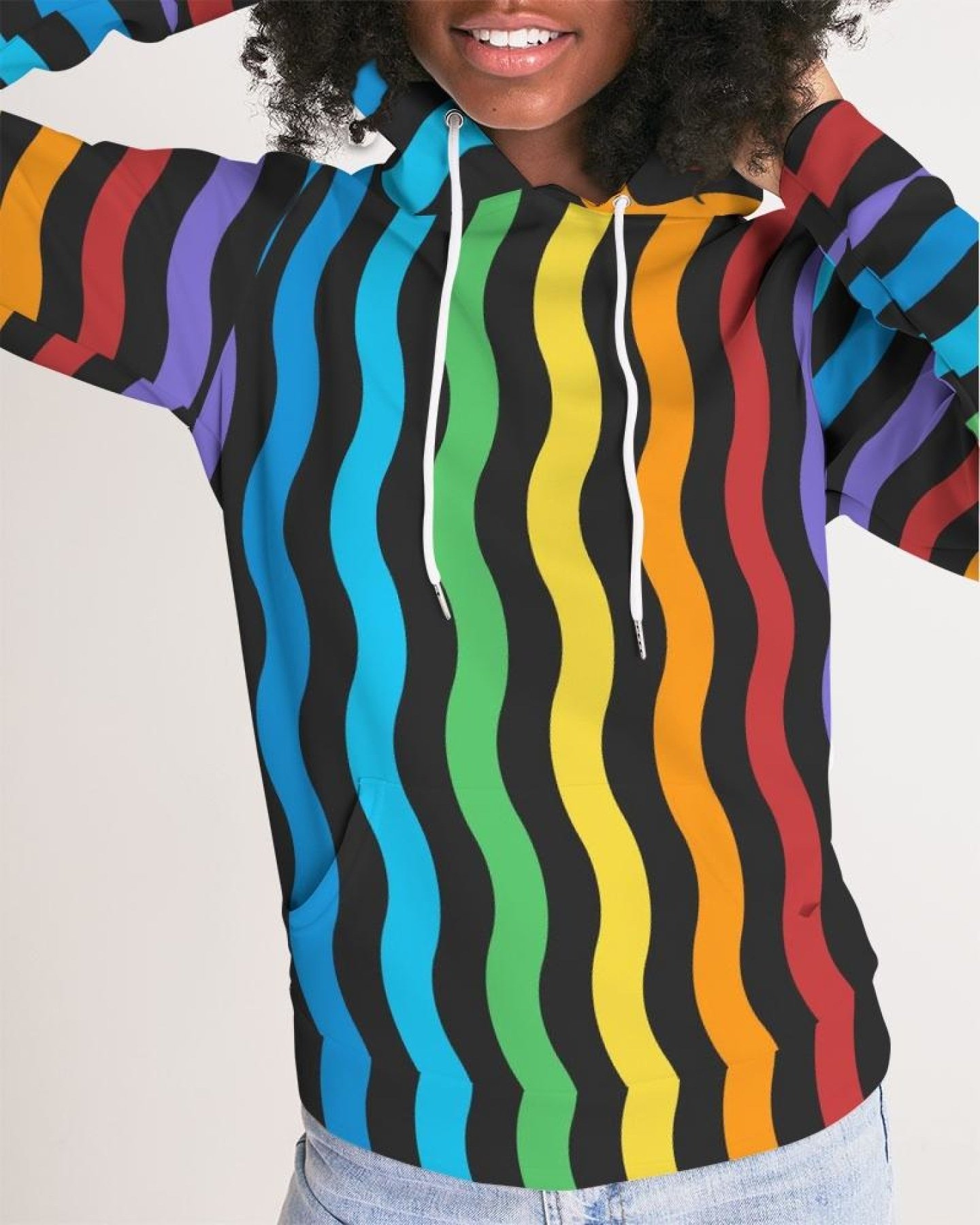 Women's pullover hoodie featuring a colorful graphic rainbow stripe design, adjustable drawstring hood, and front hand pocket.