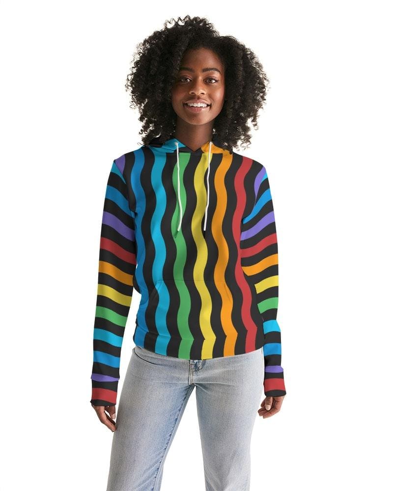 Women's pullover hoodie featuring a colorful graphic rainbow stripe design, adjustable drawstring hood, and front hand pocket.