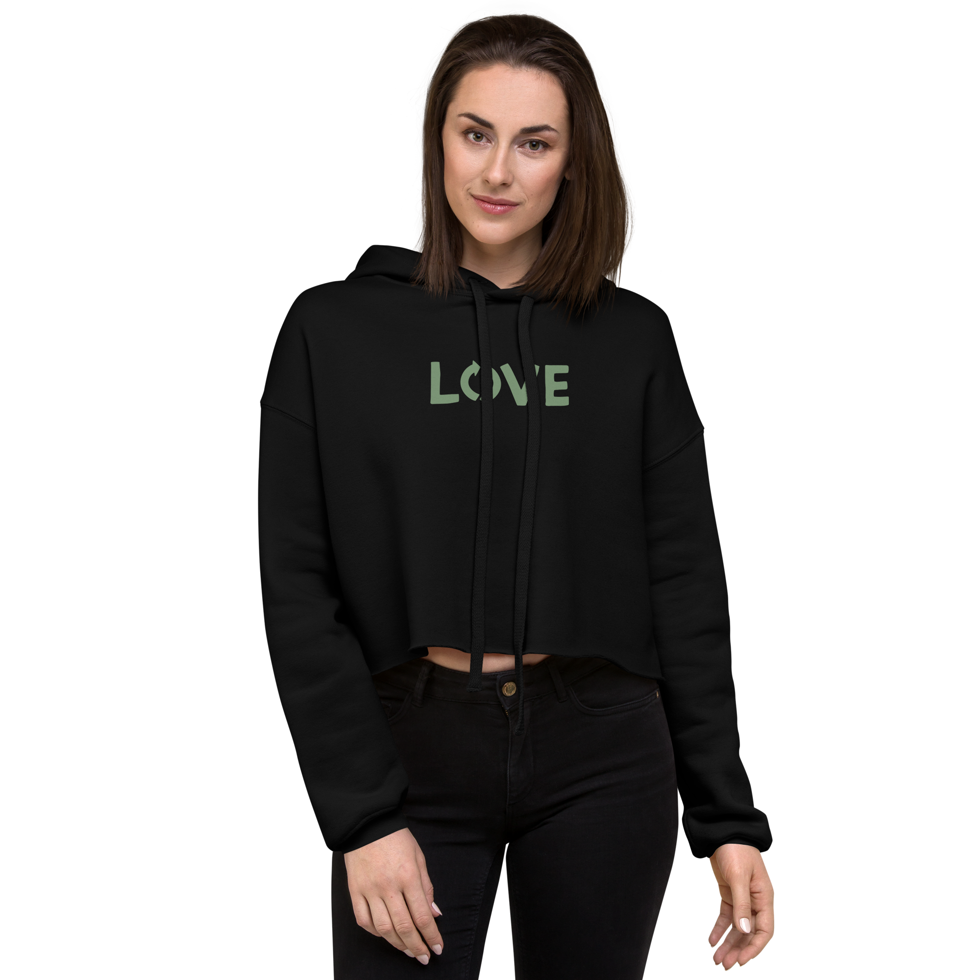 Women's Love Crop Hoodie featuring a trendy raw hem and matching drawstrings in a stylish cropped design.