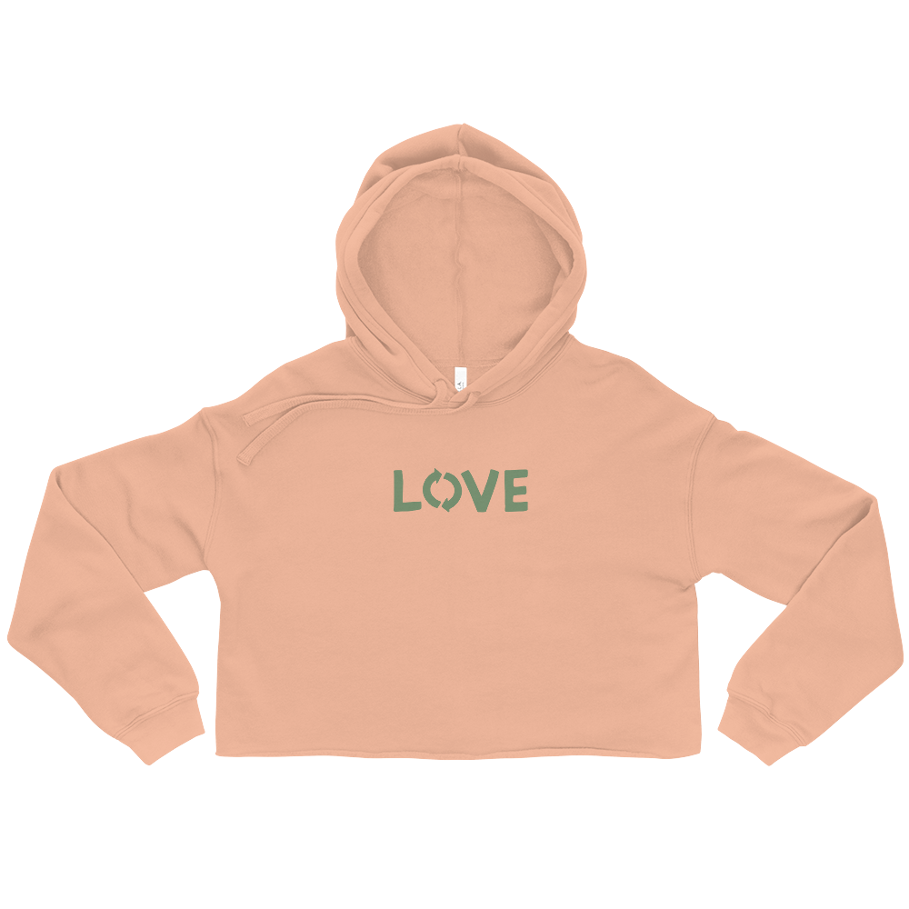 Women's Love Crop Hoodie featuring a trendy raw hem and matching drawstrings in a stylish cropped design.