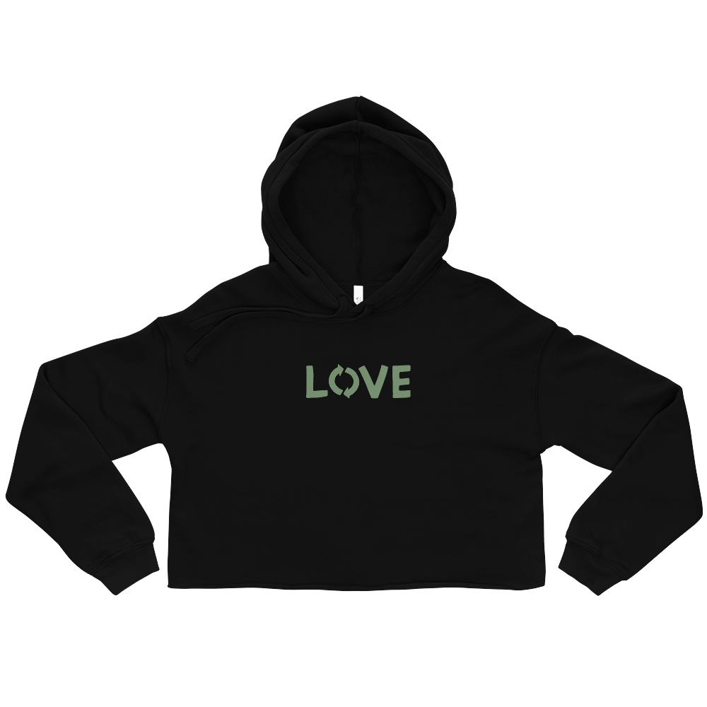 Women's Love Crop Hoodie featuring a trendy raw hem and matching drawstrings in a stylish cropped design.