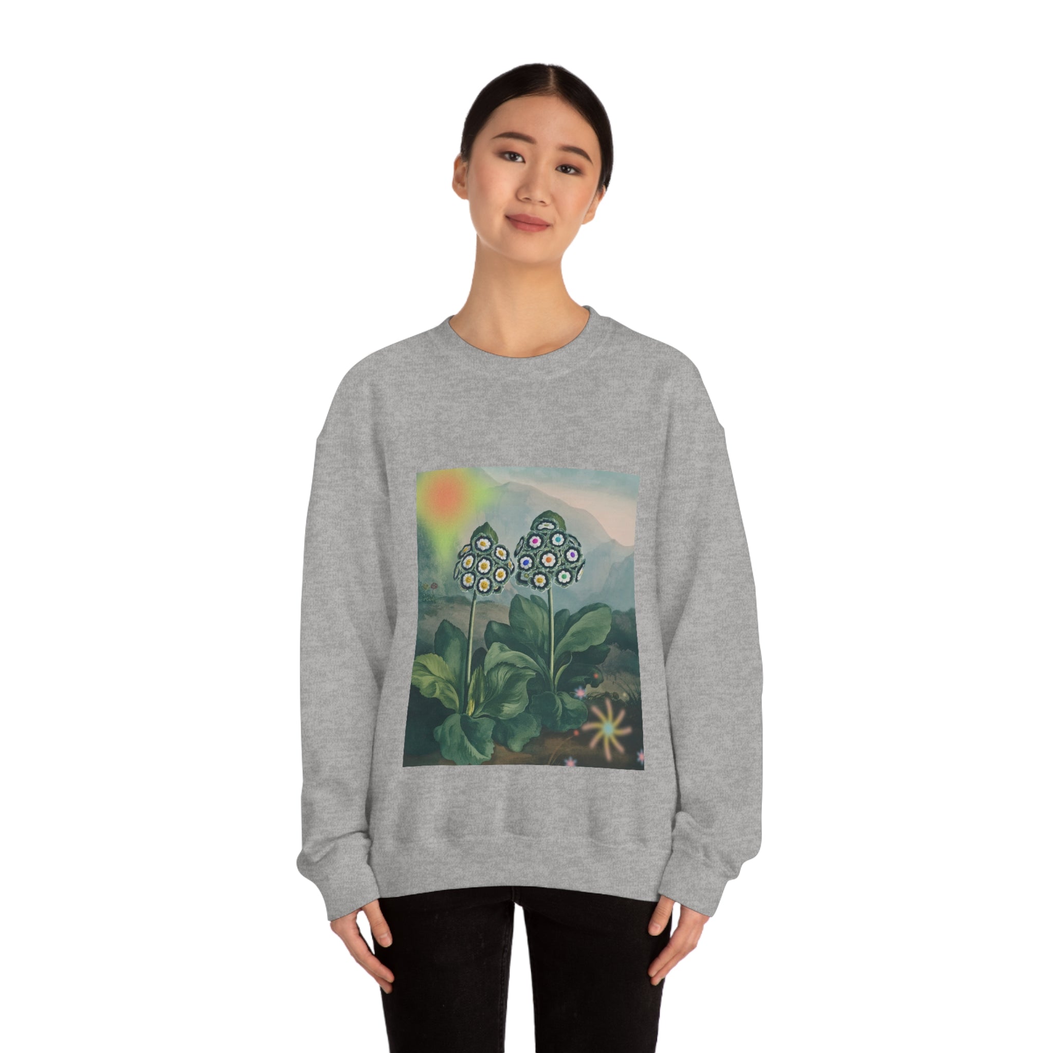 Womens Majestic Life Of Plants Sweatshirt featuring a loose fit and soft fabric, perfect for casual wear.