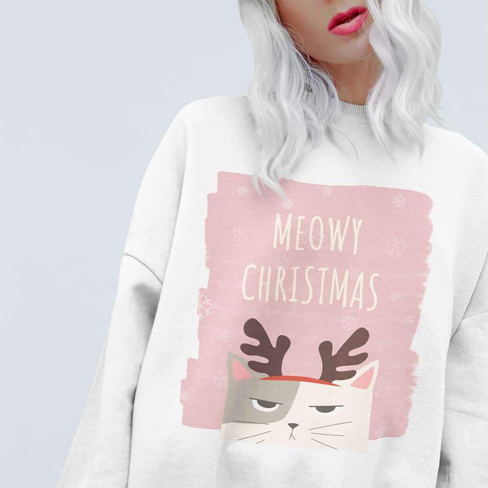 Womens Meowy Christmas Sweatshirt featuring a festive design with a loose fit and ribbed knit collar, perfect for holiday celebrations.