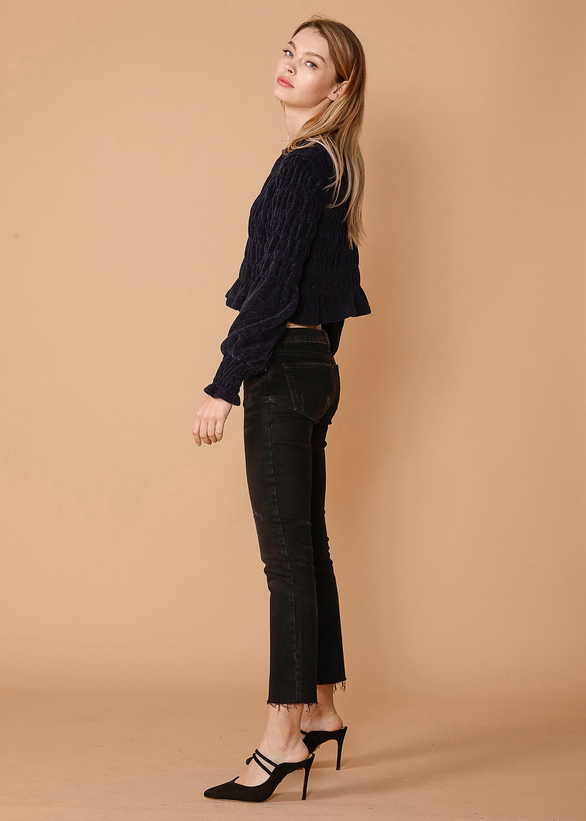 Women's Midnight Peplum Sweater featuring a crewneck and gathered knit top in a rich midnight color.