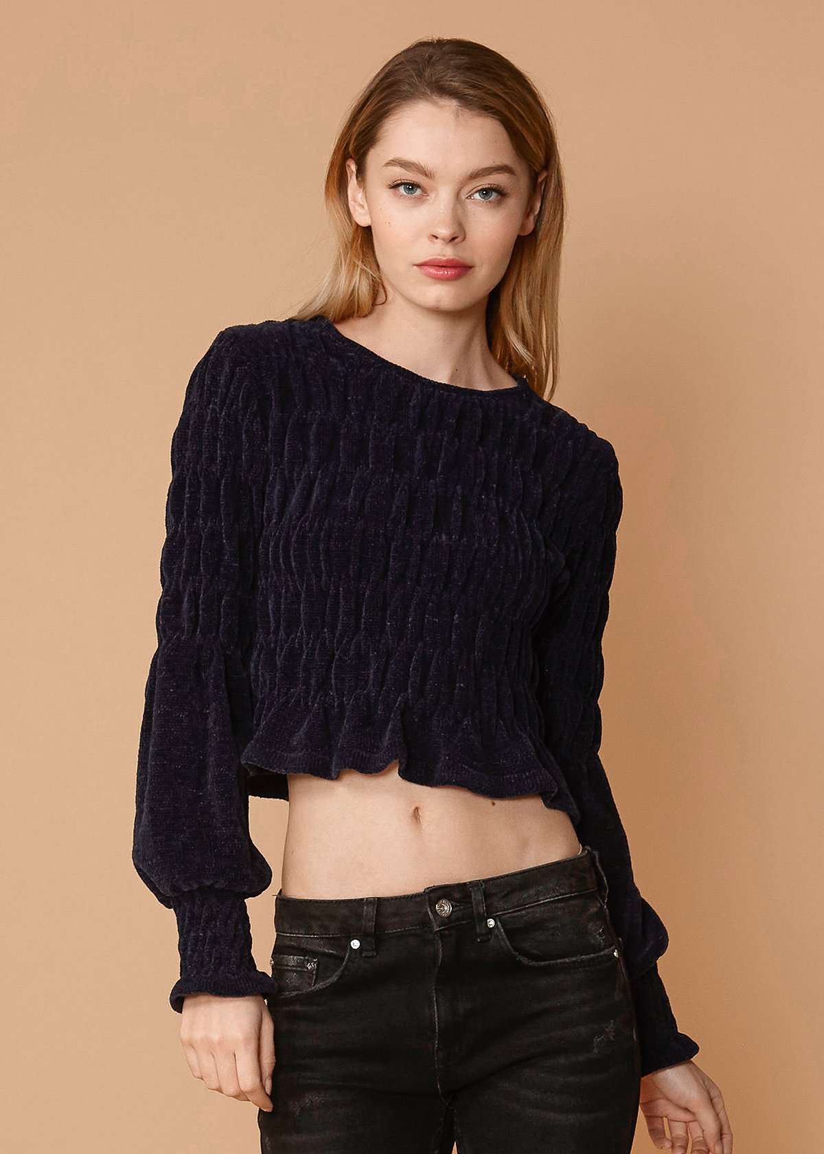 Women's Midnight Peplum Sweater featuring a crewneck and gathered knit top in a rich midnight color.