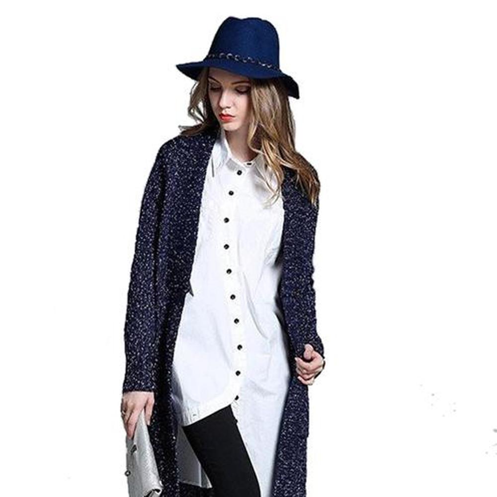 Womens Navy Long Cardigan displayed on a mannequin, showcasing its cozy fabric and elegant design.