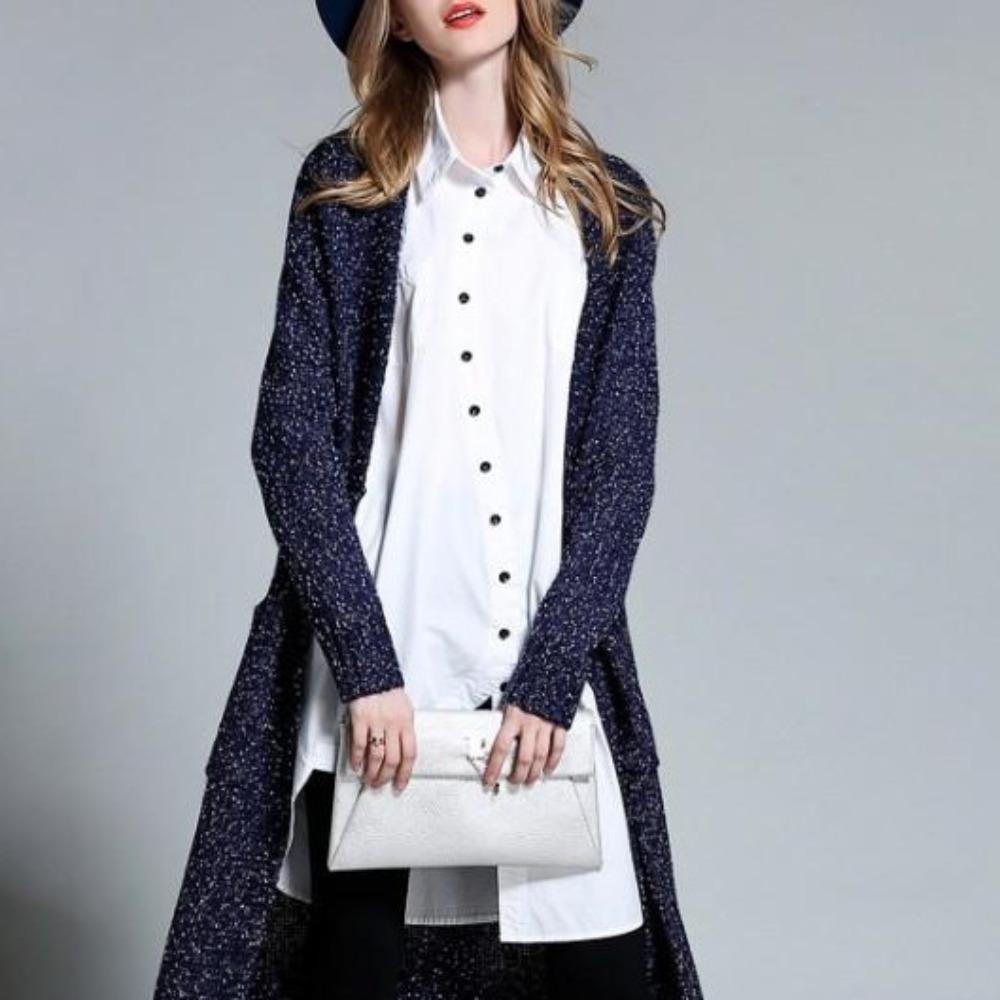 Womens Navy Long Cardigan displayed on a mannequin, showcasing its cozy fabric and elegant design.