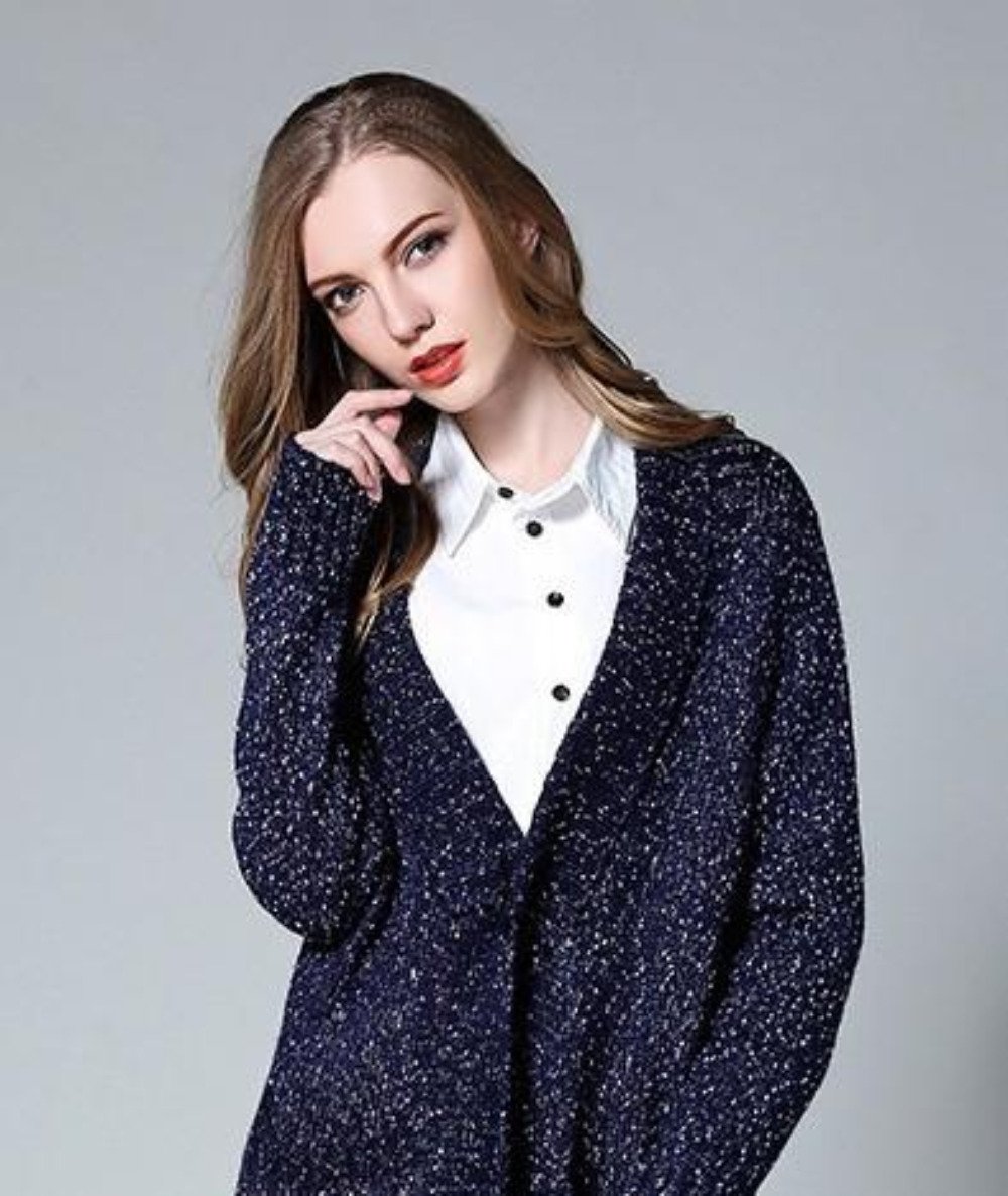 Womens Navy Long Cardigan displayed on a mannequin, showcasing its cozy fabric and elegant design.