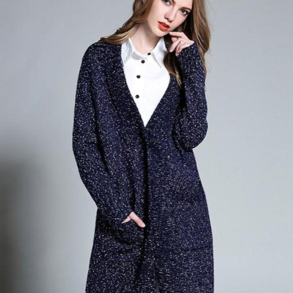 Womens Navy Long Cardigan displayed on a mannequin, showcasing its cozy fabric and elegant design.