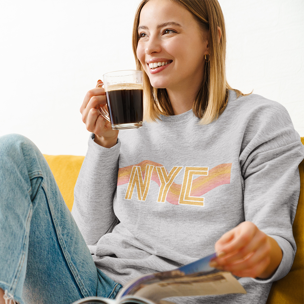 Womens NYC Retro 70's Crewneck Sweatshirt in soft fabric with a loose fit, showcasing a vintage design.