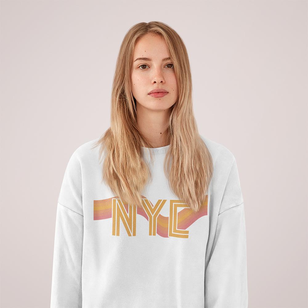 Womens NYC Retro 70's Crewneck Sweatshirt in soft fabric with a loose fit, showcasing a vintage design.