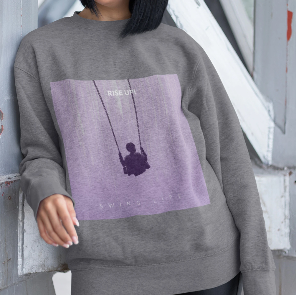 Womens purple logo sweatshirt featuring a loose fit and ribbed knit collar, perfect for casual wear.