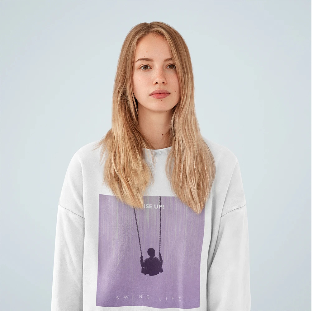 Womens purple logo sweatshirt featuring a loose fit and ribbed knit collar, perfect for casual wear.