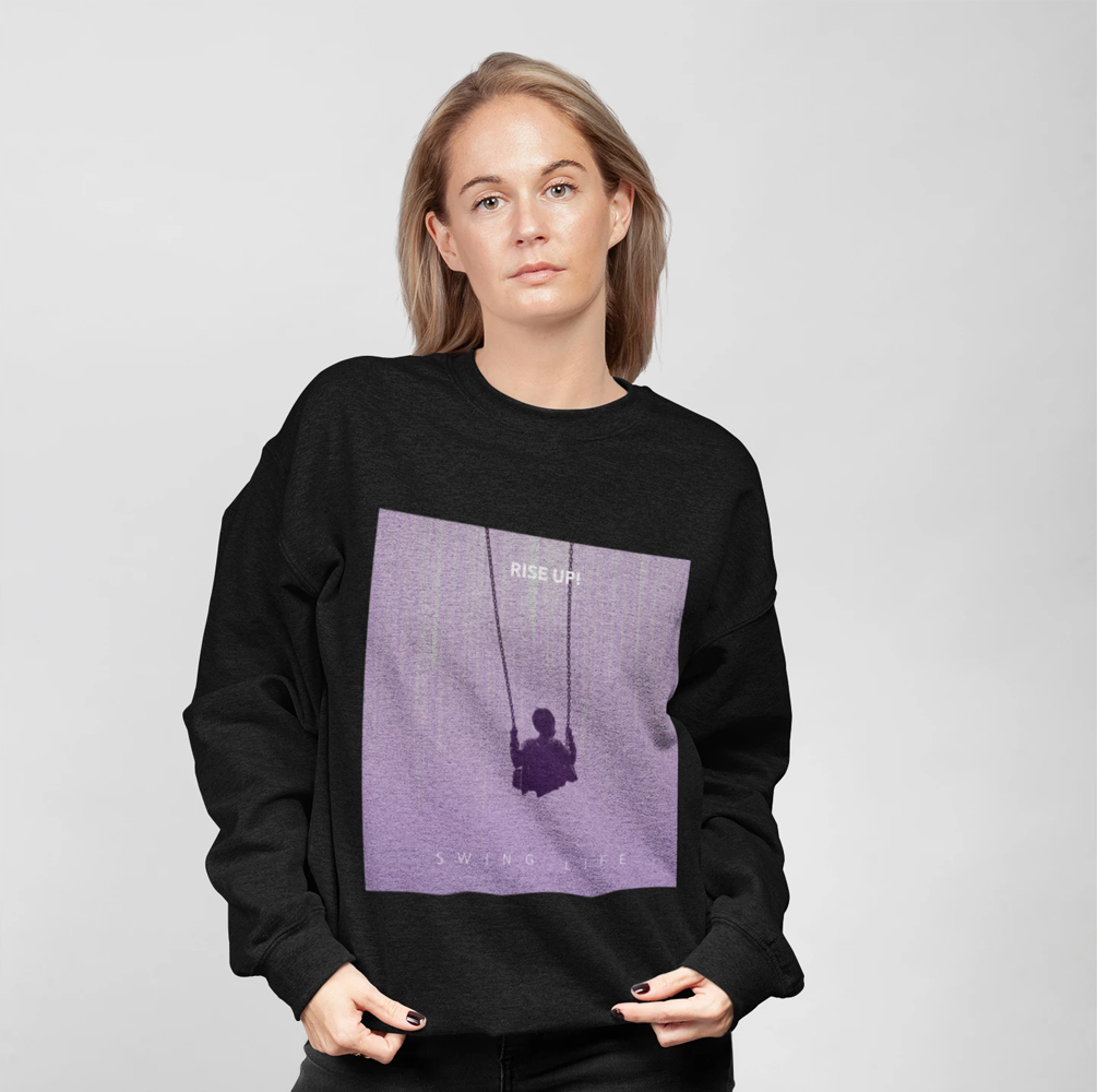 Womens purple logo sweatshirt featuring a loose fit and ribbed knit collar, perfect for casual wear.