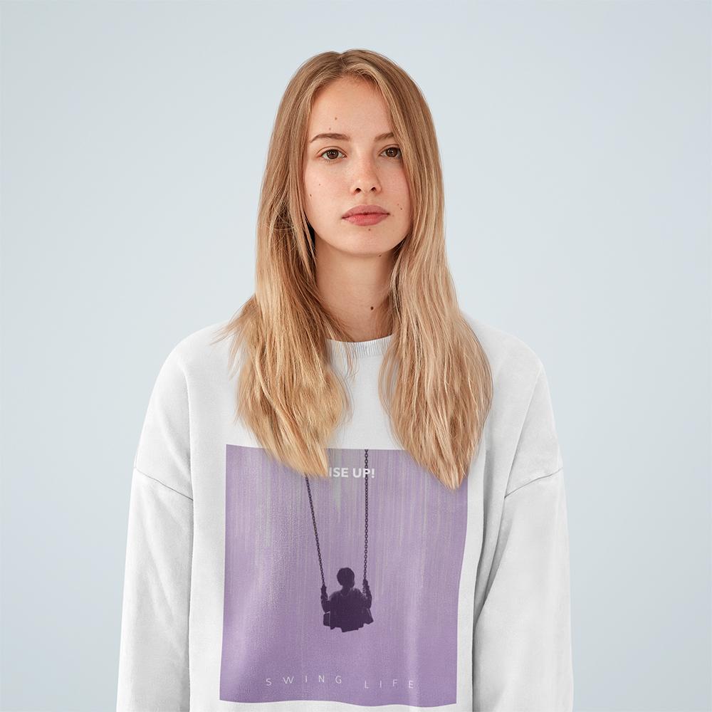 Womens purple logo sweatshirt featuring a loose fit and ribbed knit collar, perfect for casual wear.