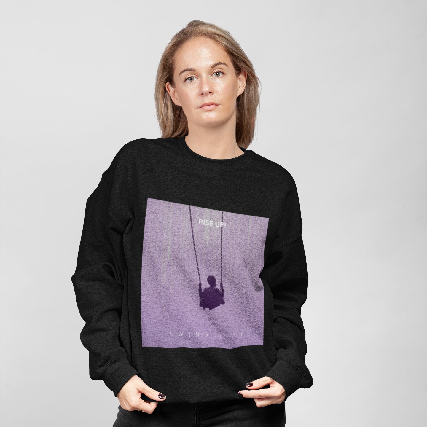 Womens purple logo sweatshirt featuring a loose fit and ribbed knit collar, perfect for casual wear.