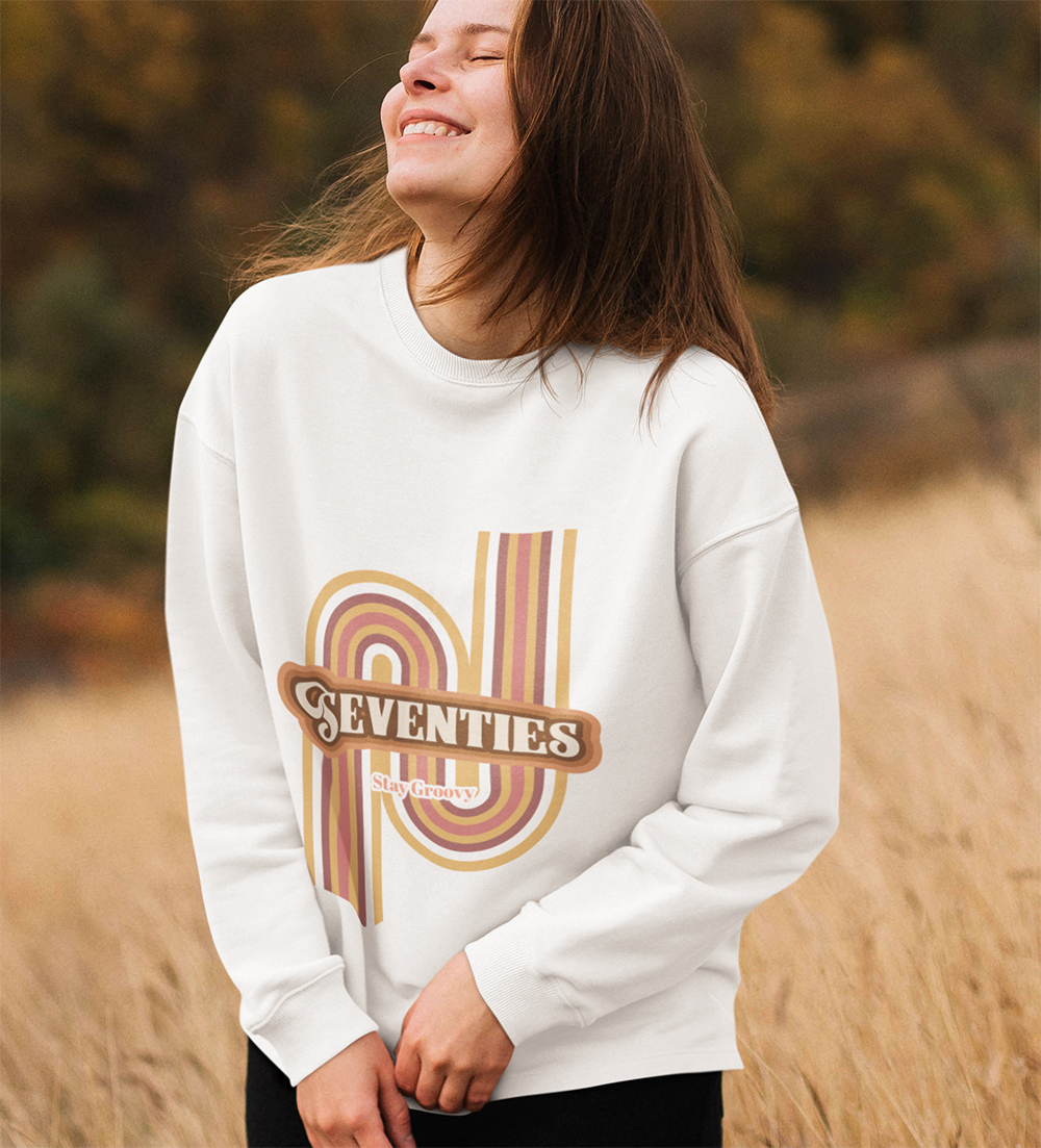 Womens Retro 70's Crewneck Sweatshirt in soft fabric, showcasing a loose fit and classic crewneck design.