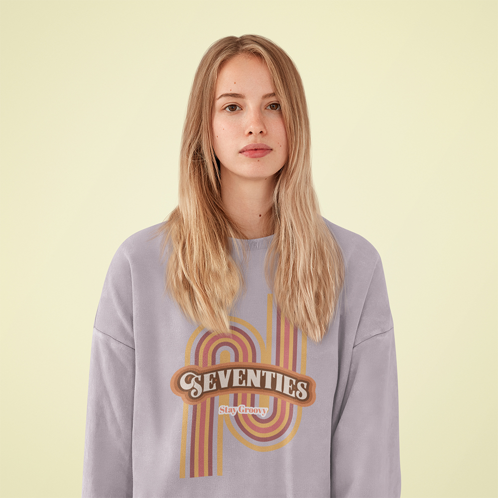 Womens Retro 70's Crewneck Sweatshirt in soft fabric, showcasing a loose fit and classic crewneck design.