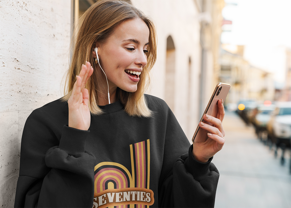 Womens Retro 70's Crewneck Sweatshirt in soft fabric, showcasing a loose fit and classic crewneck design.