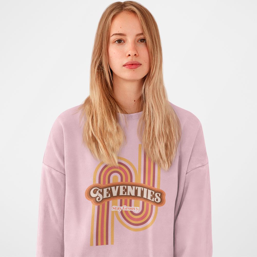 Womens Retro 70's Crewneck Sweatshirt in soft fabric, showcasing a loose fit and classic crewneck design.