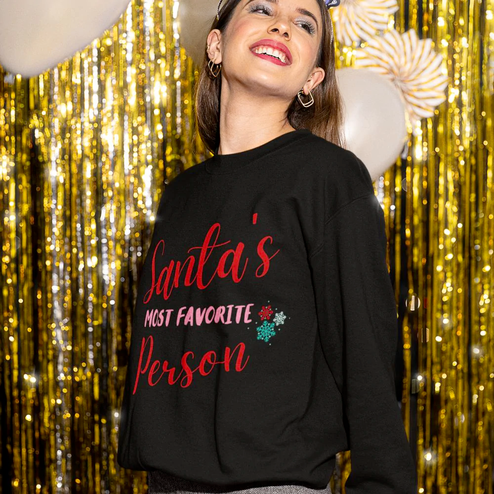 Women's Santa's Favorite Sweatshirt in white, featuring a loose fit and ribbed knit collar, perfect for holiday celebrations.