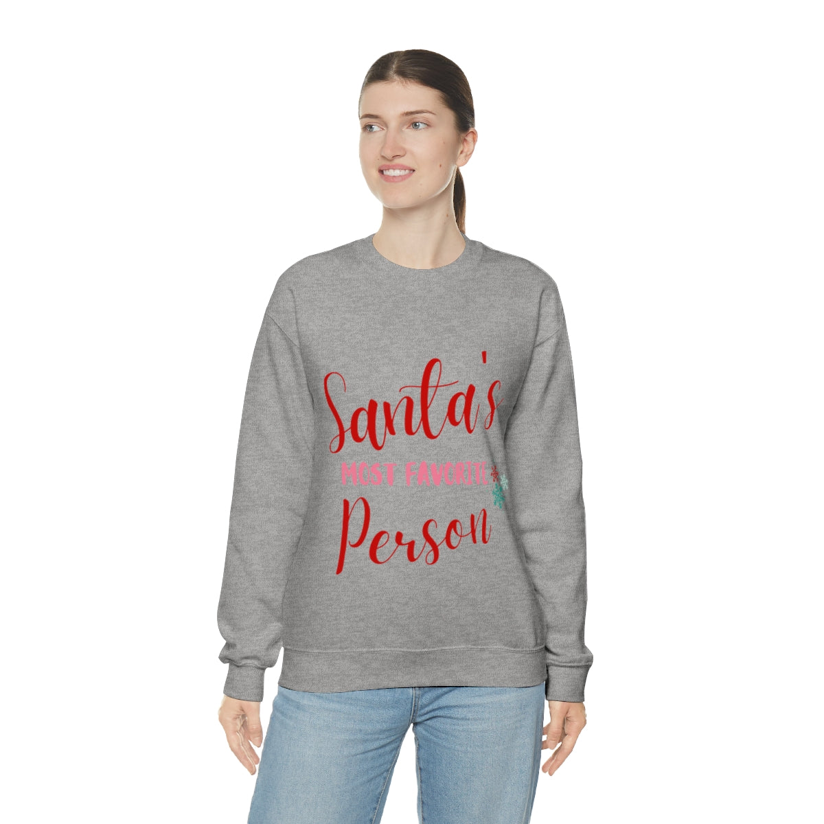 Women's Santa's Favorite Sweatshirt in white, featuring a loose fit and ribbed knit collar, perfect for holiday celebrations.